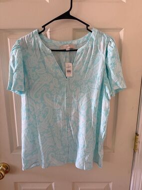 LOFT Light Blue Paisley Button-Front Blouse